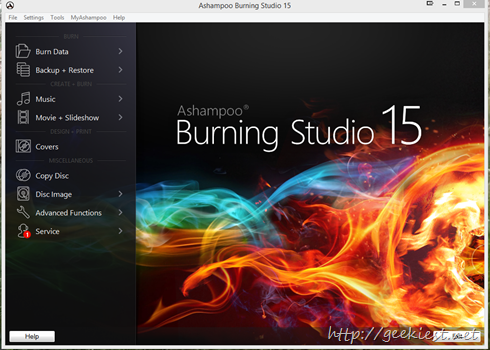 Ashampoo Burning studio 15 home screen