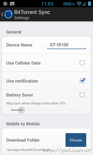 BitTorrent Sync Android Settings