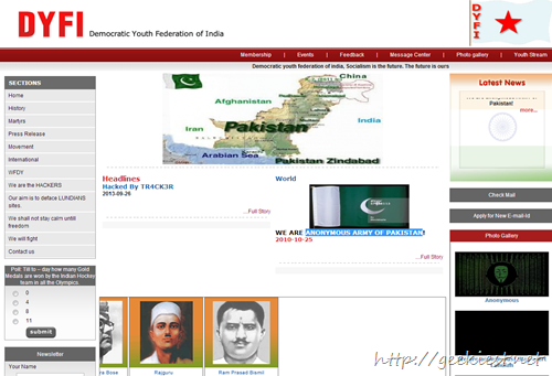 DYFI website Hacked by Anonymous Army of Pakistan