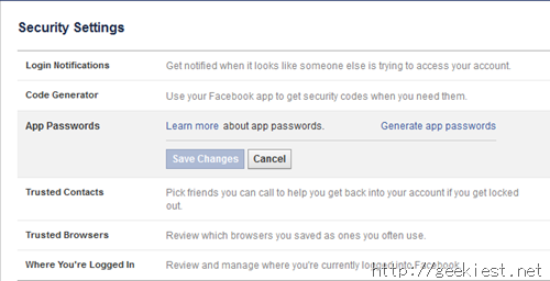 Facebook App Passwords Settings