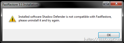 FastRestore not compatible with Shadow Defender