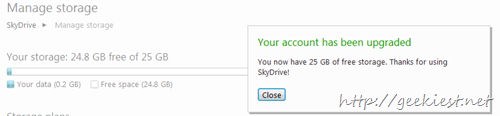 Free upgrade to 25 Gb Skydrive