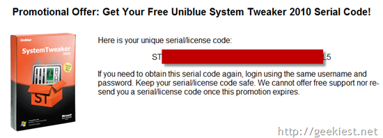 Free Uniblue System Tweaker 2010 Serial Code