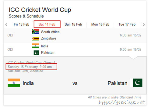 Google ICC worldcup schedule in search result