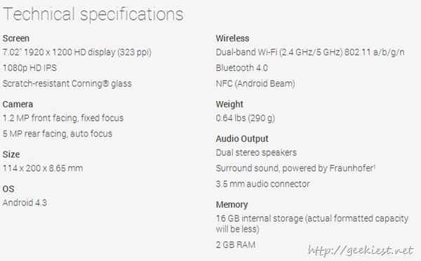 Nexus 7 specifications
