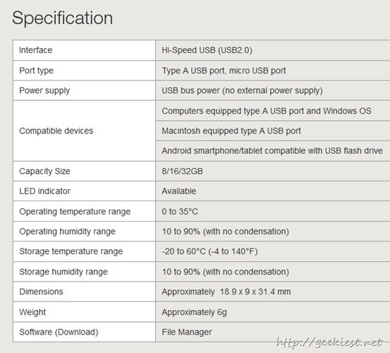 Sony USM-SA1 Specifications