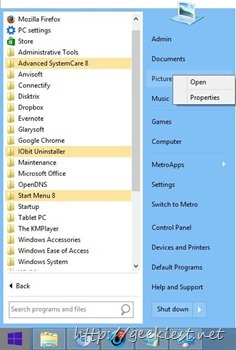 Start menu on windows 8