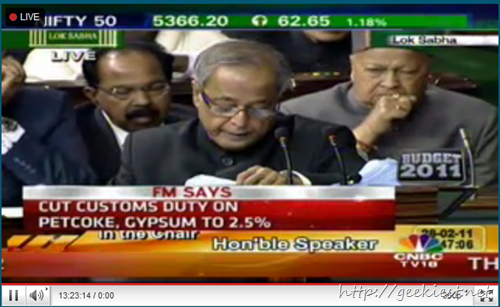 Watch Union budget for 2011-12 financial year Live on Youtube