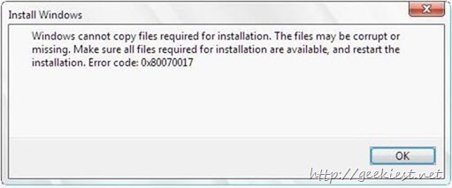 Windows 7 installation Error  0x80070017