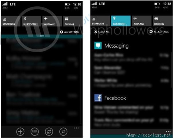 Windows Phone 8.1 Action Center (zoomed in)
