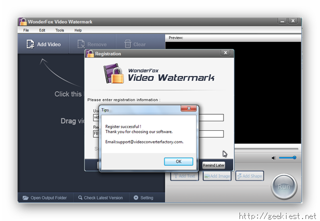WonderFox Video Watermark Registration Successful
