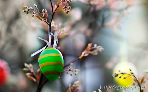 Painted eggs hanging on a branch