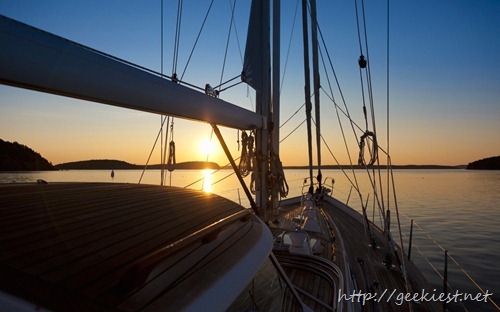 62 foot sailboat at sunrise, Bar Harbor, Maine, USA