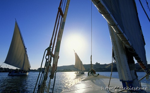 Feluccas sailing on River Nile, Aswan, Egypt