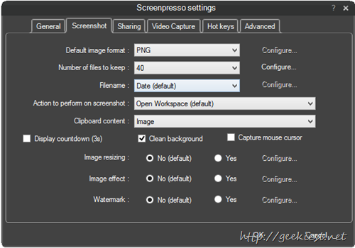 screenshot capturing settings